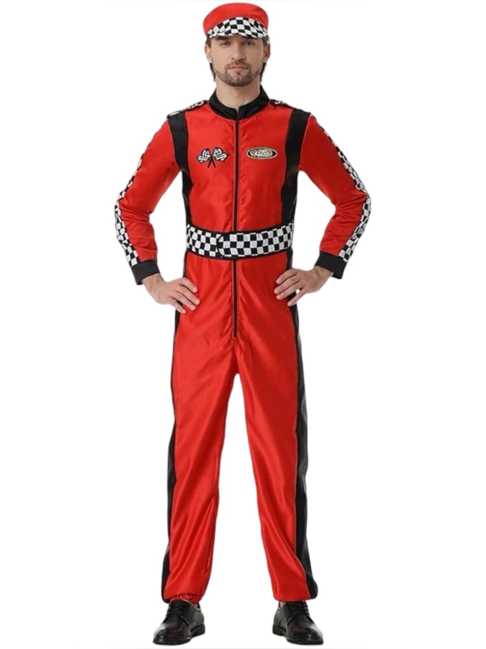 Mens Race Car Driver Halloween Costume Party Red Racing 1 Piece Jumpsuit Hat S M